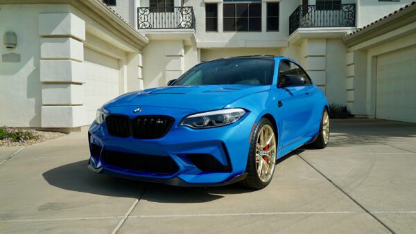 Front View of BMW Blue Car with headlights