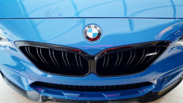 A closeup shot of the BMW Logo on the blue car front