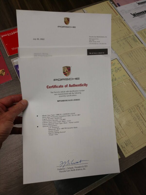 Porsche Certificate of Authenticity document
