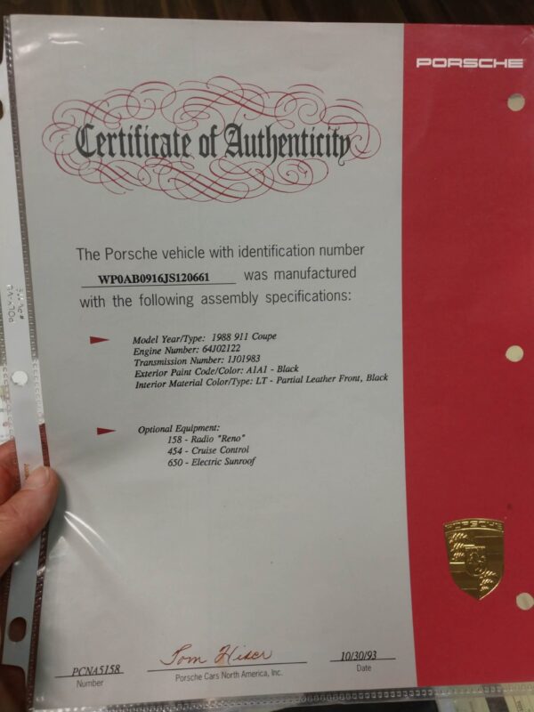Certificate of Authenticity with vehicle information